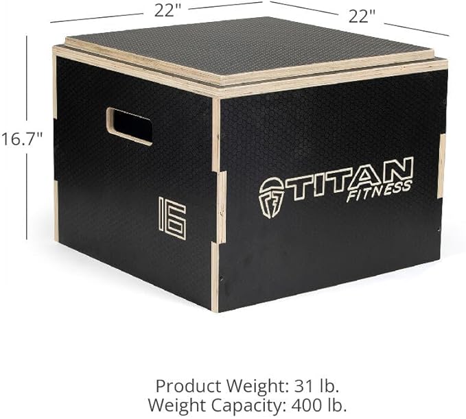 Titan Fitness 16in Anti-Slip Stackable Wooden Plyometric Box, Pro-Duty Plyo Box, Jump Step-Up Box Squat, Home Garage Gym Training