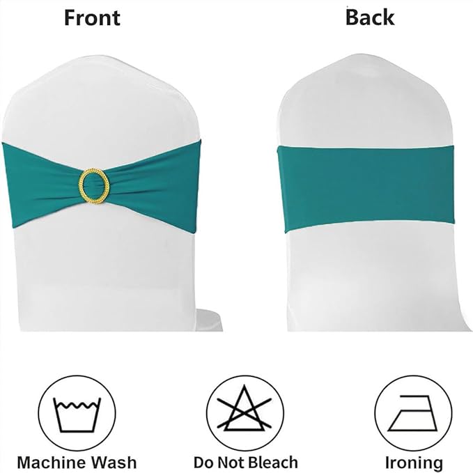 Turquoise Chair Sashes 50 Pack, Spandex Turquoise Chair Bows with Gold Buckle for Wedding Decoration, Chairs Bands for Party Banquet Gender Reveal Décor