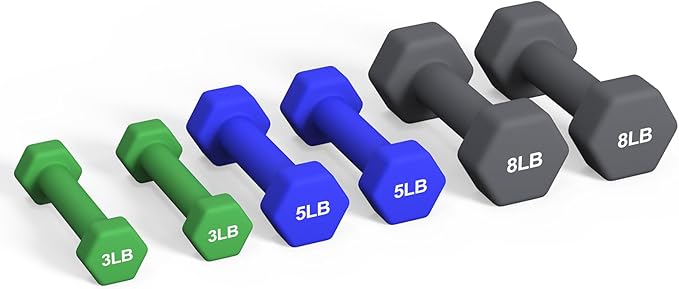 Portzon Weights Dumbbells Set 3, 5, 8, and 10 Pound Neoprene Dumbbell Free Hand Weight Set with Rack, Ideal for Home Exercises, 32 LB, Anti-Slip, Anti-roll, Hex Shape