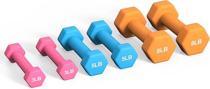 Portzon Weights Dumbbells Set 3, 5, 8, and 10 Pound Neoprene Dumbbell Free Hand Weight Set with Rack, Ideal for Home Exercises, 32 LB, Anti-Slip, Anti-roll, Hex Shape