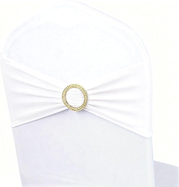 White Chair Sashes 50 Pack with Gold Buckle Slider, Spandex Sashes for Folding Chairs Wedding Party Banquet Decor