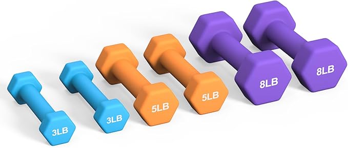 Portzon Weights Dumbbells Set 3, 5, 8, and 10 Pound Neoprene Dumbbell Free Hand Weight Set with Rack, Ideal for Home Exercises, 32 LB, Anti-Slip, Anti-roll, Hex Shape