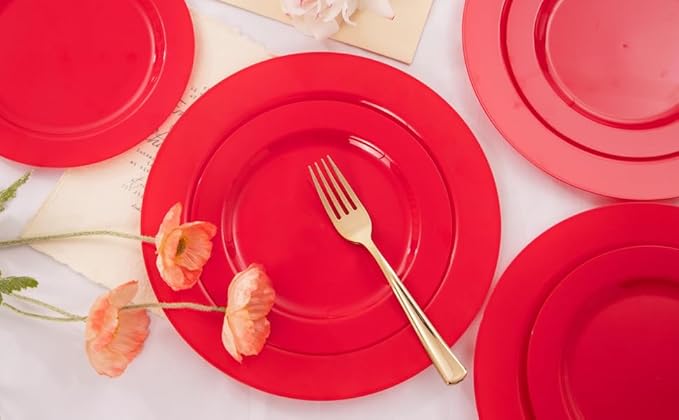 FLOWERCAT 60PCS Red Plastic Plates - Heavy Duty Red Plates Disposable for Party - Include 30PCS 10.25inch and 30PCS 7.5inch for 30 guests Birthday Party & Mother's Day &Events& July 4th