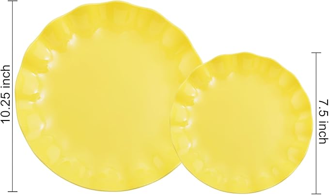LIYH 24 Pcs Yellow Plastic Plates Reusable, Unbreakable Dinner & Salad Plate, Microwave & Dishwasher Safe, Scalloped Reusable Plastic Plates for Party, Birthday, Picnics (12Guests)