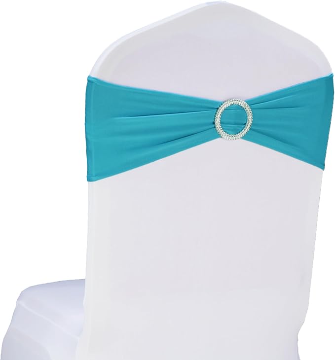 Pack of 50 Spandex Turquoise Chair Sashes for Wedding Teal Chair Bows Sashes Chairs Bands Buckles Fitting Birthday Party Anniversary Events Ceremony Bridal Baby Shower Decorations