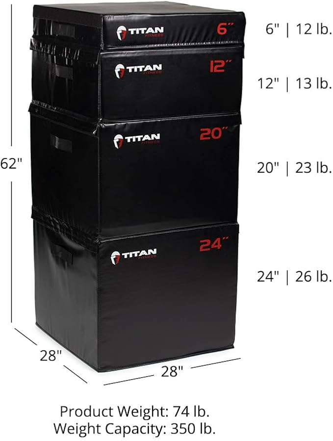 Titan Fitness Stackable Soft Foam Plyometric Box Set, 6in, 12in, 20in, 24in, High Density EPE Foam Core Plyo Box, Step Up Exercise Platform, Box Squat, Step-Up, Box Jumps for Home Garage Gym Training
