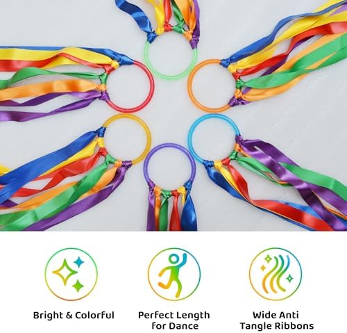 GSi Multicolor Ribbon Wands & Rings for Kids - Pack of 6 Dance Streamers with 9" Stick, 1m Ribbons, Gymnastics & Party Use
