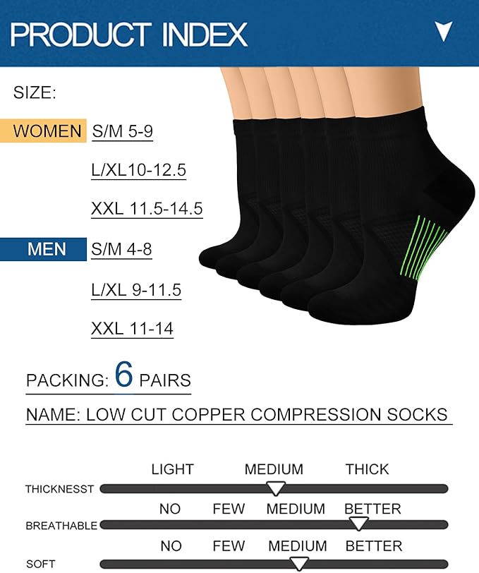 Copper Compression Socks Women and Men 6 Pairs - Circulation Arch Support Plantar Fasciitis Running Ankle Socks