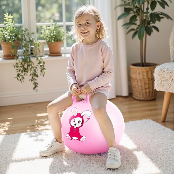 PlayZap Hopper Balls for Kids 3-8, 18 Inches Bouncy Ball with Handle, 18" Inflatable Bouncing Hopper, Pink Rabbit Jumping Toys, Garden Hopping Toys Girls Boys Easter Gifts