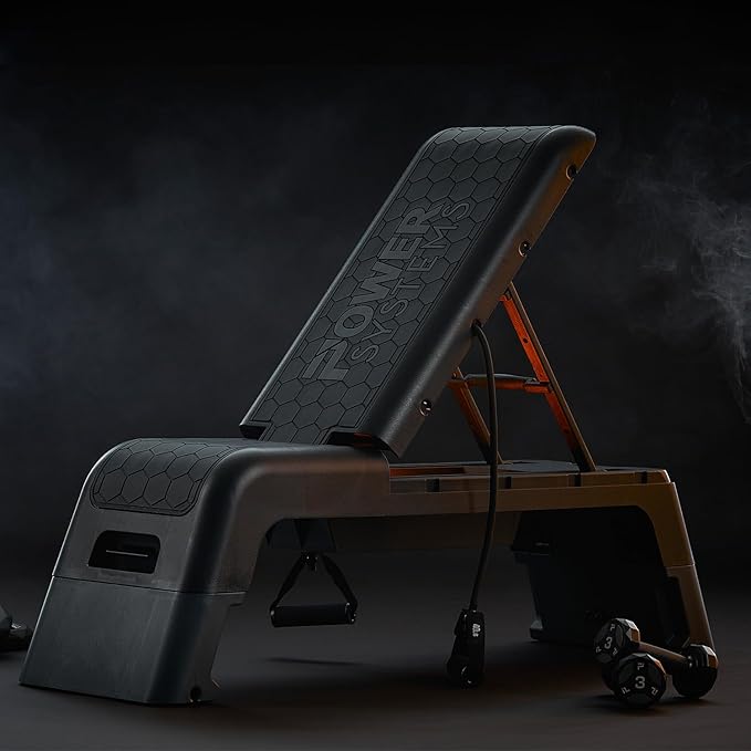 Power Systems Step Bench & Weight Bench | Aerobic Platform & Plyo Box for Cardio, Strength | Commercial Grade Full Body Home Gym Stepper | Adjustable Multifunctional Deck & Resistance Band Clips