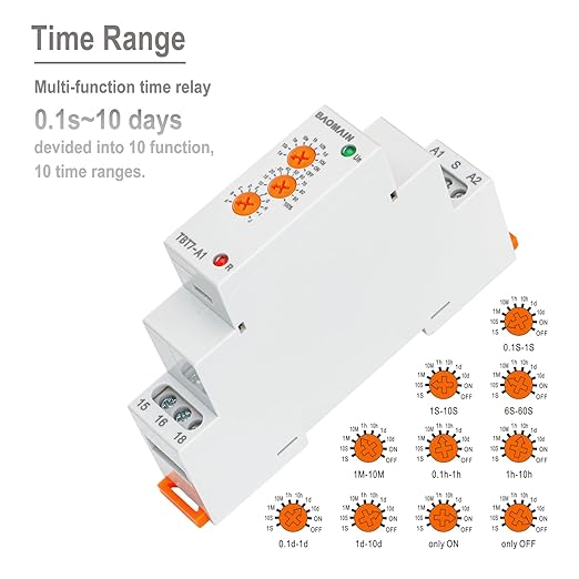 Baomain Multi-Function Time Relay, 16A SPDT 10-Functions, DIN Rail Mounting Timer Relay TBT7-A1 (1-SPDT, 12-240VAC/DC) (Pack of 4)