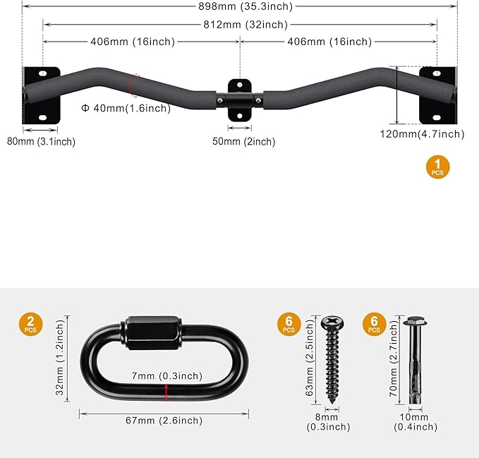 Kipika Wall Mounted Pull Up Bar - Heavy Duty 450 LB Capacity Doorway Chin Up Bar for Home Gym, Sturdy Steel Construction with Resistance Band Hooks | Hanging Exercise Bar for Full Body Workout
