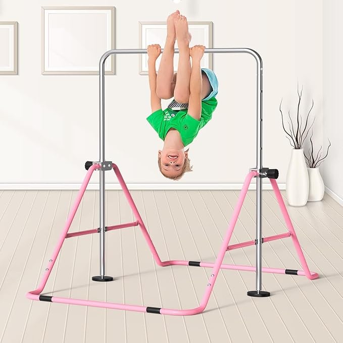FBSPORT Gymnastics Bar for Kids with Rings,Adjustable Height Gymnastic Horizontal Bars Junior Training Bar Children Folding Training Monkey Bars for Home Using