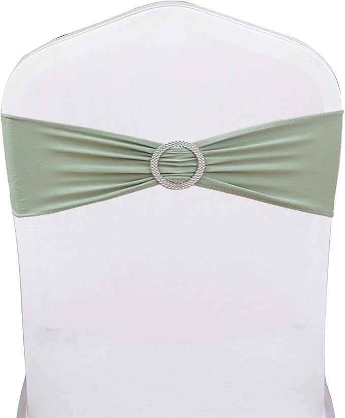 Pack of 50 Spandex Sage Green Chair Sashes Bows Elastic Chair Cover Bands Slider Buckles for Wedding Reception Banquet Bridal Decorations - Sage Green