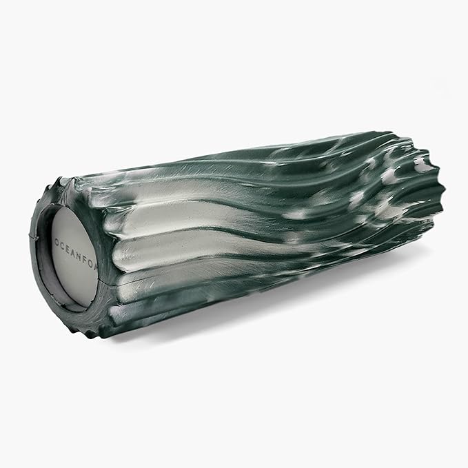 Oceanfoam Ripple Travel Foam Roller (11" x 3.35") Firm Mini Foam Roller for Physical Therapy, Deep Tissue Massage, Back Pain - High Density, Ergonomic Wave Textured - Yoga, Exercise (Hunter Marbled)