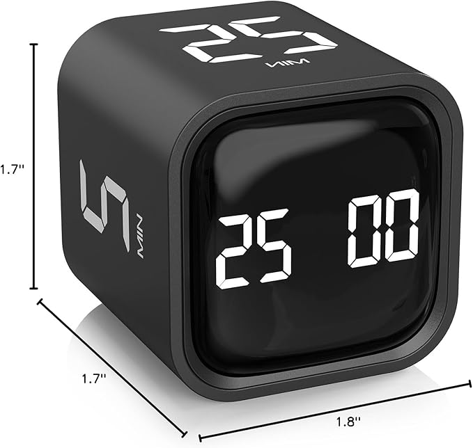 Rotating Pomodoro Timer 5, 25, 10 50 Minutes Preset, Desk Productivity Flip Timer, ADHD Tool Cube Countdown Stopwatch, Vibration/High/Low Volume/Custom Modes, for Work, Study, Back to School, Kitchen