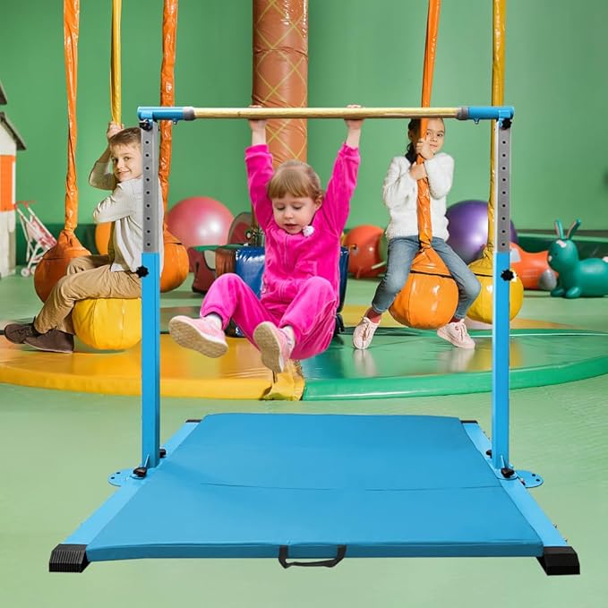 Gymnastics Bar for Kids Girls Ages 3-15 with Ring for Home Indoor Training Equipment- Steady Steel Construction, Anti-Slip, Easy to Assemble, 3' to 5' Adjustable Height