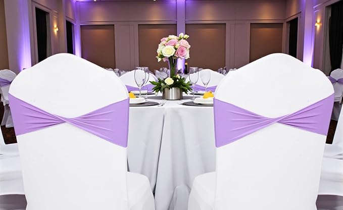 MDS Pack of 75 Spandex Chair Sashes Bows Elastic Stretch Dining Chair Bands Ties Without Slider Buckle Universal fits for Wedding Baby Shower Birthday Party Banquet Event Decoration - Lavender