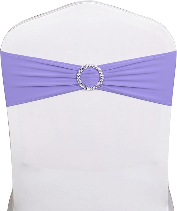 Pack of 50 Spandex Lavender Chair Sashes for Wedding - Light Purple Chair Bows Bands Buckles Fitting Birthday Party Ceremony Bridal Shower Decorations