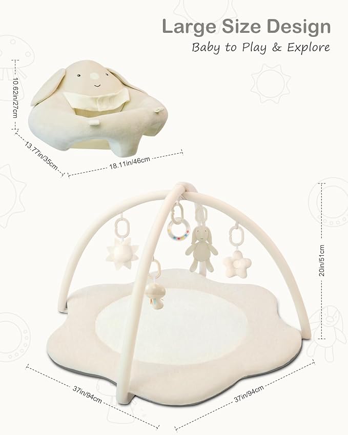 3-in-1 Baby Play Mat, Baby Seats for Infants for Sitting Up, Tummy Time Mat with 5 Detachable Toys, Activity Gym & Playmats for Babies 0-6 6-12 Months, Newborn Babies Shower Gifts