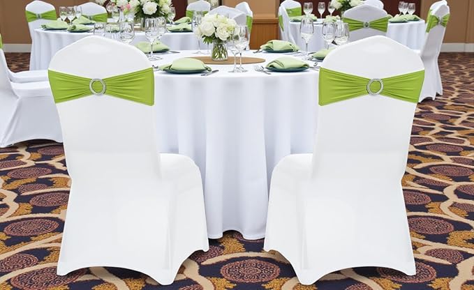 VDS - Apple Green | Spandex Chair Sashes Bows | 150 PCS | Stretch Elastic Banquet Universal Folding Chair Band Tie with Silver Buckle Slider for Wedding Party Conference Celebration Event Decoration