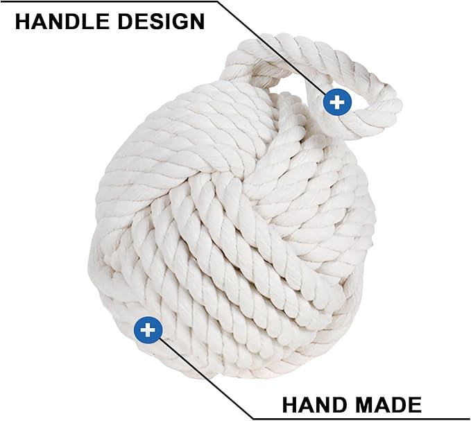 Marwood Rope Knot Door Stops Decorative Nautical Ball Door Stopper Handmade with Handle, Weighted Interior Spherical Doorstop Sailor Knot for Door and Window - Beige (6"x6", 4lbs)