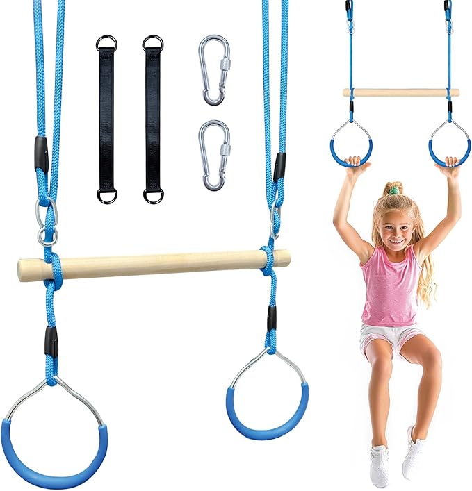 Trapeze Swing Bar with Gymnastic Rings | Sturdy Steel Construction | Warrior Accessories for Obstacle Course | Great for Indoor & Outdoor Use - Ages 3+