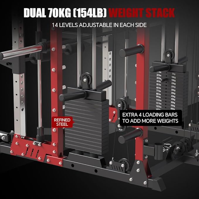 Commercial Smithe Machine with Dual Weight Stacks, Power Cage Squat Rack with Lever Arm & Leg Press Attachment, Multi-Function Linear Bearing Cable Crossover Machine for Home Gym