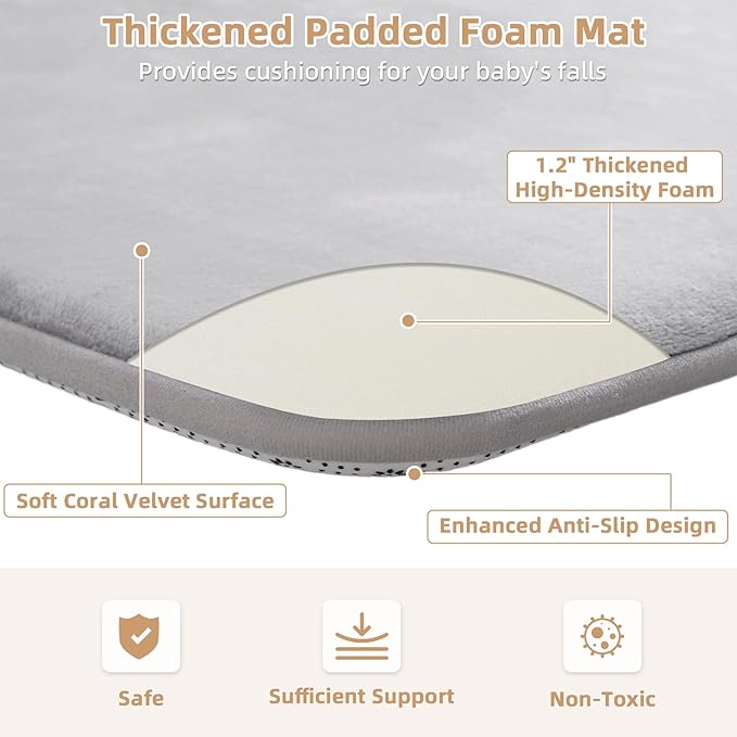 Thick Baby Play Mat for Floor,Padded Foam 47x47 Playpen Mat,Ultra Soft Support&Plush Feel Nursery Rug,Non Slip for Toddler, Infants,Kids Play,Yoga,Baby Crawling,Tummy Time(Light Grey)