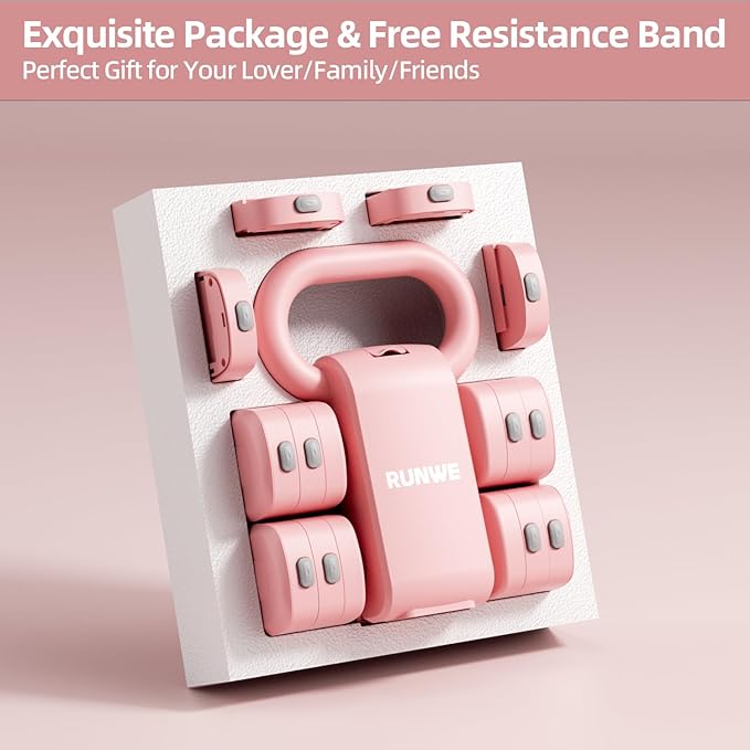RUNWE 4 in 1 Adjustable Dumbbell Kettlebell Set for Women, Kettlebell Grip Converter, 2.2-5.5lb Fast Adjust Hand Weights for Postpartum Recovery & Beginner Strength Training, Pink, Space-Saving Home Gym