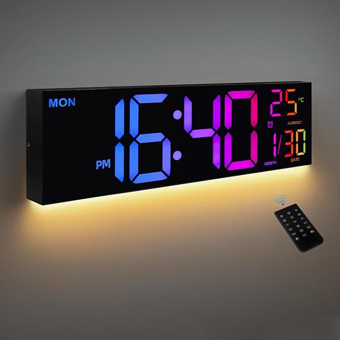 HAITANG 8 Colors Digital Wall Clock, 16.2" Large Digital Clock with Temperature, Date, Auto DST, Night Light, Auto Brightness Dimmer, 24/12-hour Wall Clock for Living Room Office Classroom Gym