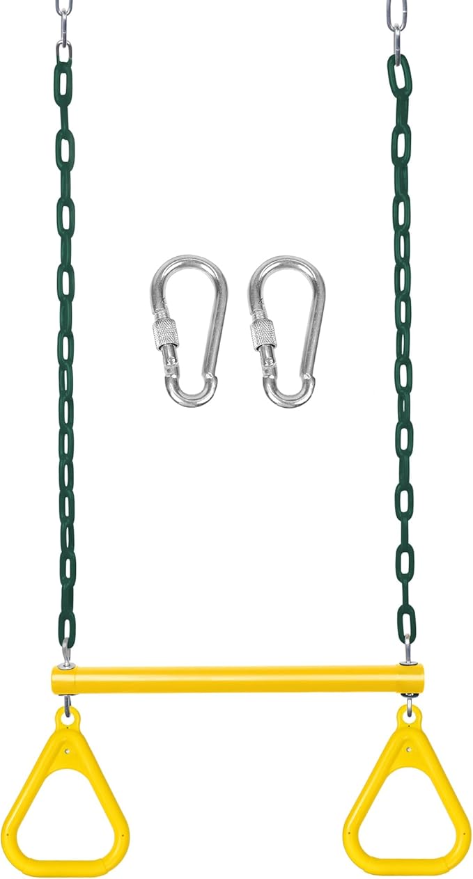 LadyRosian 17" Gym Trapeze Swing Bar Rings 47" Heavy Duty Chain Swing Set Accessories with Locking Carabiners Plastic Coated Chains Monkey Bars for Backyard, Playroom (Yellow)