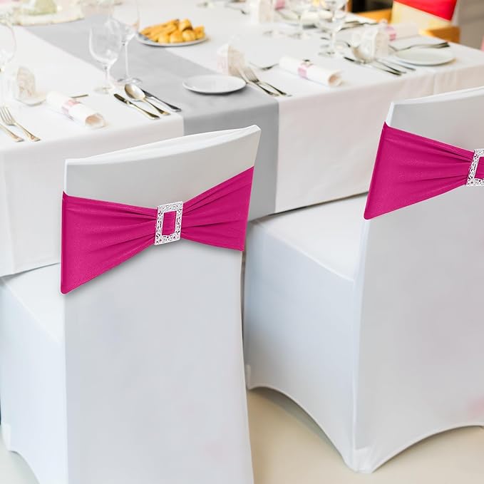 Joccun 60 PCS Spandex Chair Sashes Bows Stretch Chair Cover Band with Buckle Slider Universal Elastic Chair Ties for Wedding Banquet Party Event Decoration (Fuchsia)