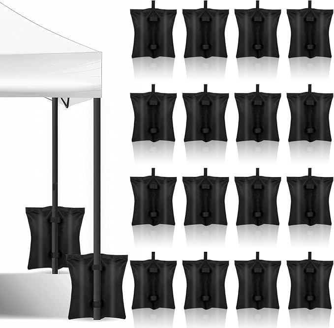 16 Pack 400 LBS Canopy Weight Bags for Canopy Tent Heavy Duty Leg Canopy Weight Sand Bags Black Canopy Support Frame Fixed Sandbag Windproof Sandbag for Patio Umbrella Base Sun Shelter