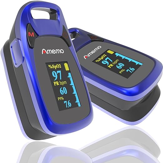 Fingertip Pulse Oximeter with Plethysmograph and Perfusion Index, include carrying case, Large OLED Digital Display Blood Oxygen Saturation Monitor Heart Rate Monitor (Blue)