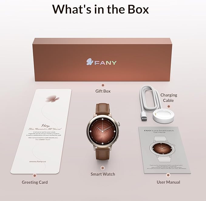 FANY Luna Smart Watch for Women, 1.1'' AMOLED Ultra-clear Display with Aluminum Case & Leather Band, Fitness Tracker Sleep/Heart Rate/SpO2/Step Monitor, 110+ Exercise Modes, FANY See the Vibe