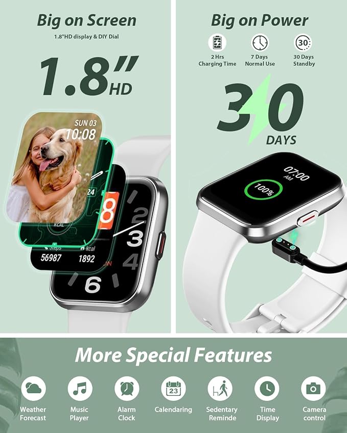 Smart Watch for Women Android & iPhone, Alexa Built-in, 1.8" Touch Screen Fitness Tracker with Answer/Make Calls, IP68 Waterproof Heart Rate/Sleep/SpO2 Monitor, Pedometer, 100+ Sport Modes, White