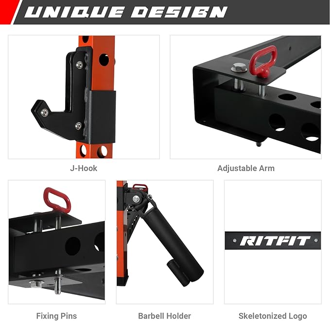 RitFit 2.36'' x 2.36'' Folding Squat Rack for Home Gym, Wall Mounted Squat Rack with Attachments - Space Saving Squat Power Rack