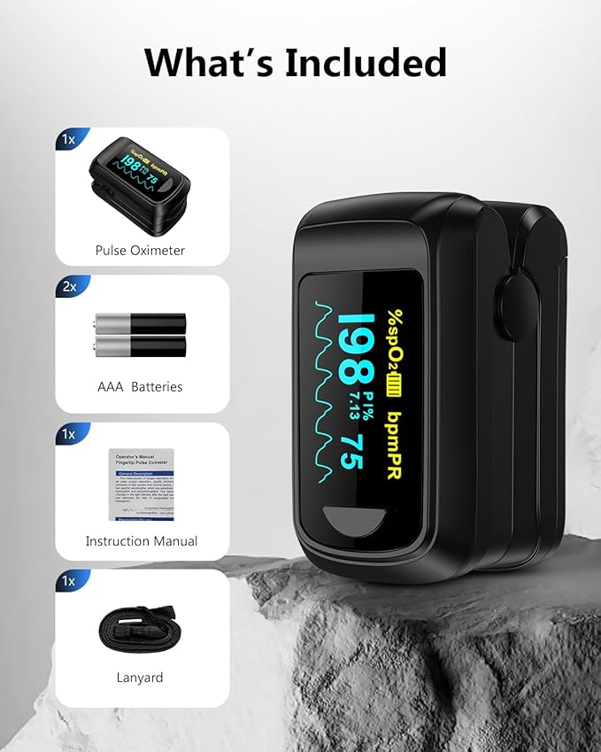 Healthtree JKS50B Fingertip Pulse Oximeter Blood Oxygen Saturation Monitor Pulse Ox, Heart Rate monitor and Fast Spo2 Reading Oxygen Meter with OLED Screen Included Lanyard and 2 X AAA Batteries