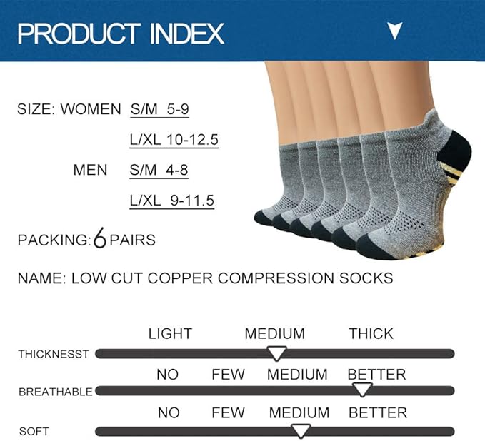 Copper Compression Socks Women and Men 6 Pairs - Circulation Arch Support Plantar Fasciitis Running Ankle Socks