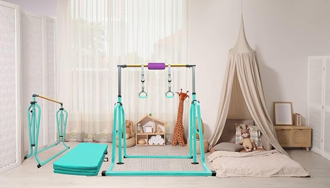 Foldable & Moveable Gymnastics Horizontal Bar with Rings,3’to 5’Adjustable Height Expandable Junior Kip Bar for Home,Indoor Gym Equipment for Kids