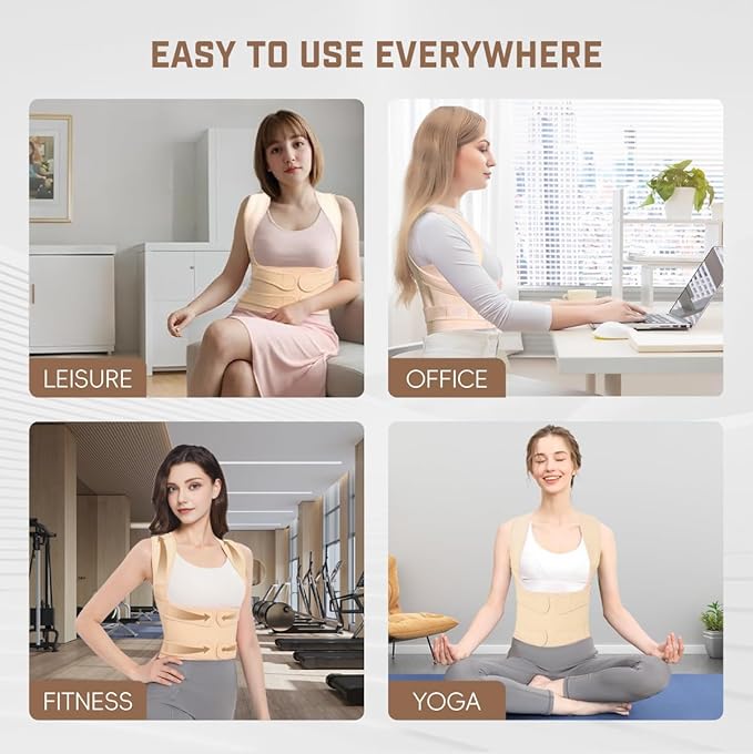 Back Brace Posture Corrector for Women & Men, Adjustable Shoulder Straightener with Full Back Support, Relief for Lower & Upper Back Pain, Hunchback & Scoliosis (Beige, Large)