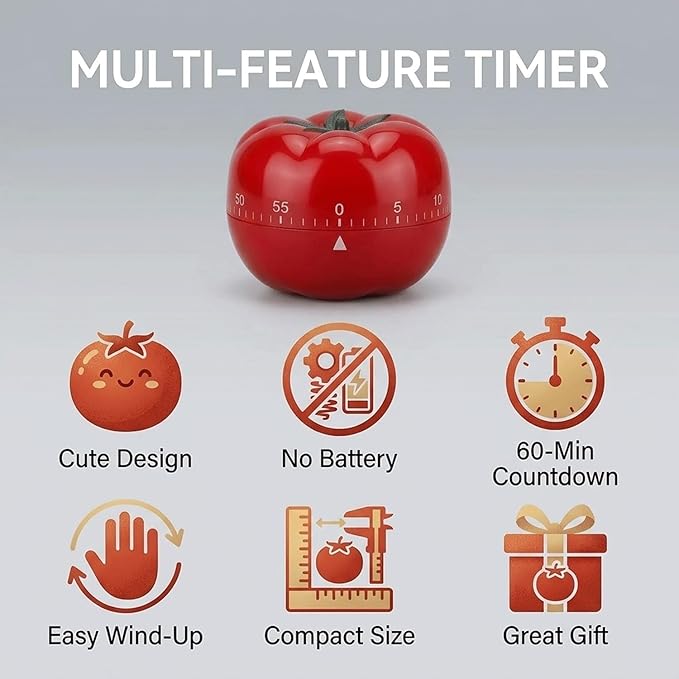 Kitchen Timer, 60-Minute Mechanical Countdown Timer, Red Tomato Shape, Manual Wind-Up for Cooking, Baking, Study, Gym
