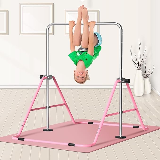 FBSPORT Gymnastics Bar for Kids with Rings,Adjustable Height Gymnastic Horizontal Bars Junior Training Bar Children Folding Training Monkey Bars for Home Using