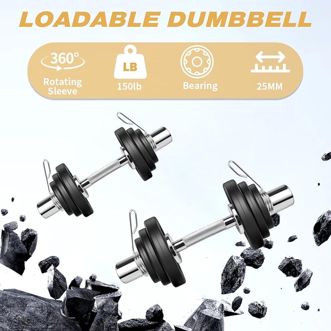 16" Olympic Dumbbell Handles, Pair Loadable Dumbbell Bars for 2-inch Weight Plates with Rotating Sleeves & 4 Spring Collars, Home Gym Strength Training