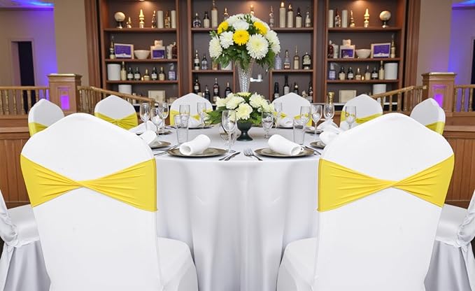 MDS Pack of 150 Spandex Chair Sashes Bows Elastic Stretch Dining Chair Bands Ties Without Slider Buckle Universal fits for Wedding Baby Shower Birthday Party Banquet Event Decoration - Yellow
