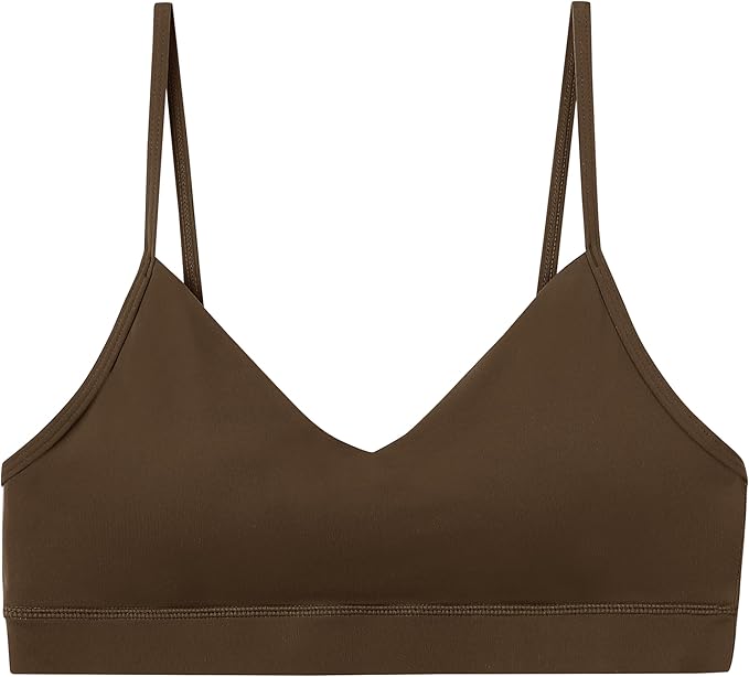 Oalka V Neck Sports Bra for Women Adjustable Padded Thin Straps Wireless Yoga Bras