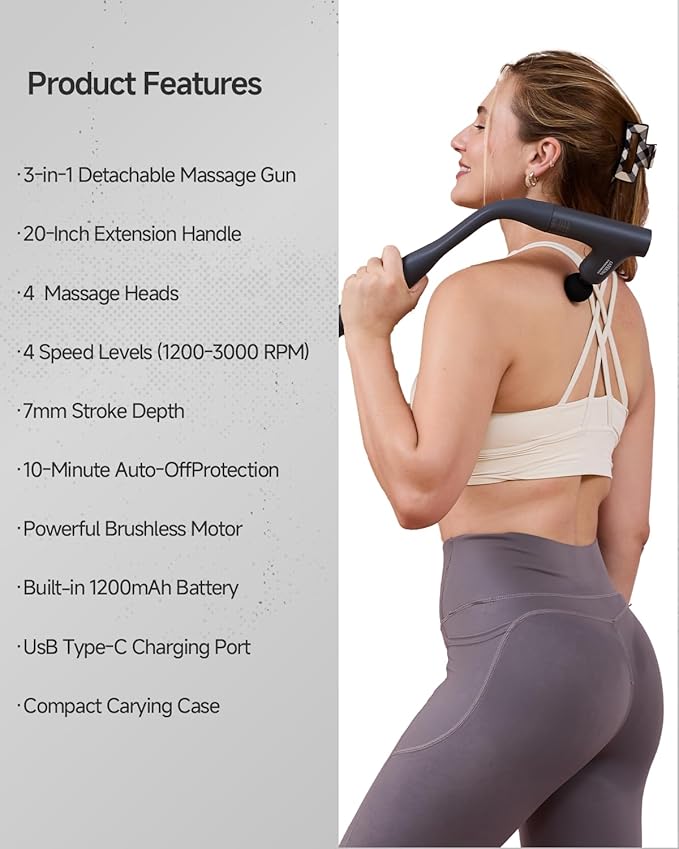 3-in-1 Massage Gun, Deep Tissue Percussion Massager with Extended Handle for Back Pain Relief, Portable for Gym/Office/Home, FSA-HSA Eligible