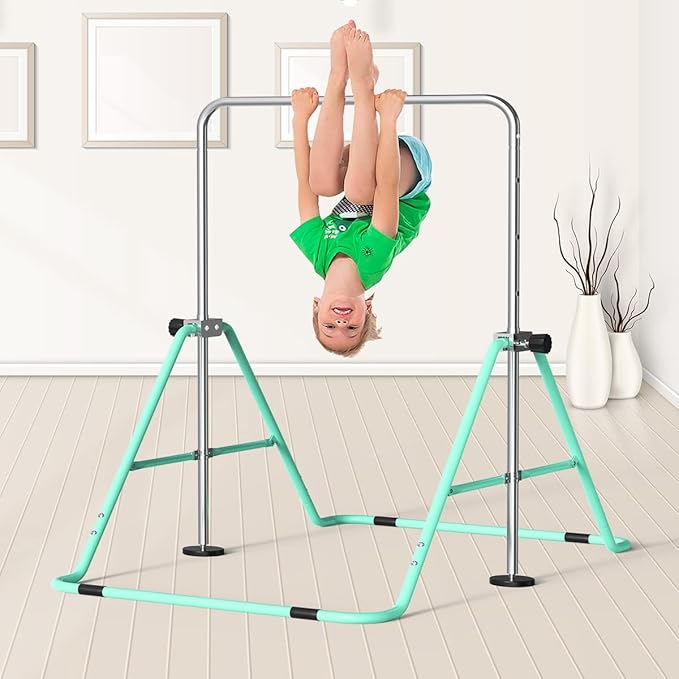 FBSPORT Gymnastics Bar for Kids with Rings,Adjustable Height Gymnastic Horizontal Bars Junior Training Bar Children Folding Training Monkey Bars for Home Using