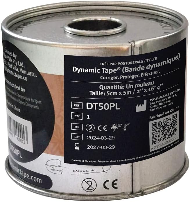 Dynamic Tape Original - Biomechanical Athletic Tape | 4 Way Stretch & Stronger Recoil Than Kinesiology Tape | Designed for Muscle & Joint Load Management | High-Load Sports (101ft - 2" Beige/Black)